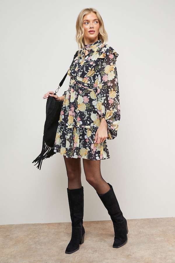 Oasis Printed Ruched High Neck Mini Fit And Flare Dress Multi