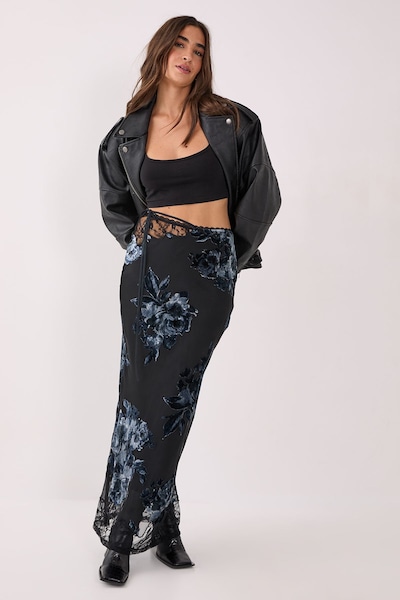 NastyGal Floral Devore Lace Cut Out Tie Waist Maxi Skirt Black
