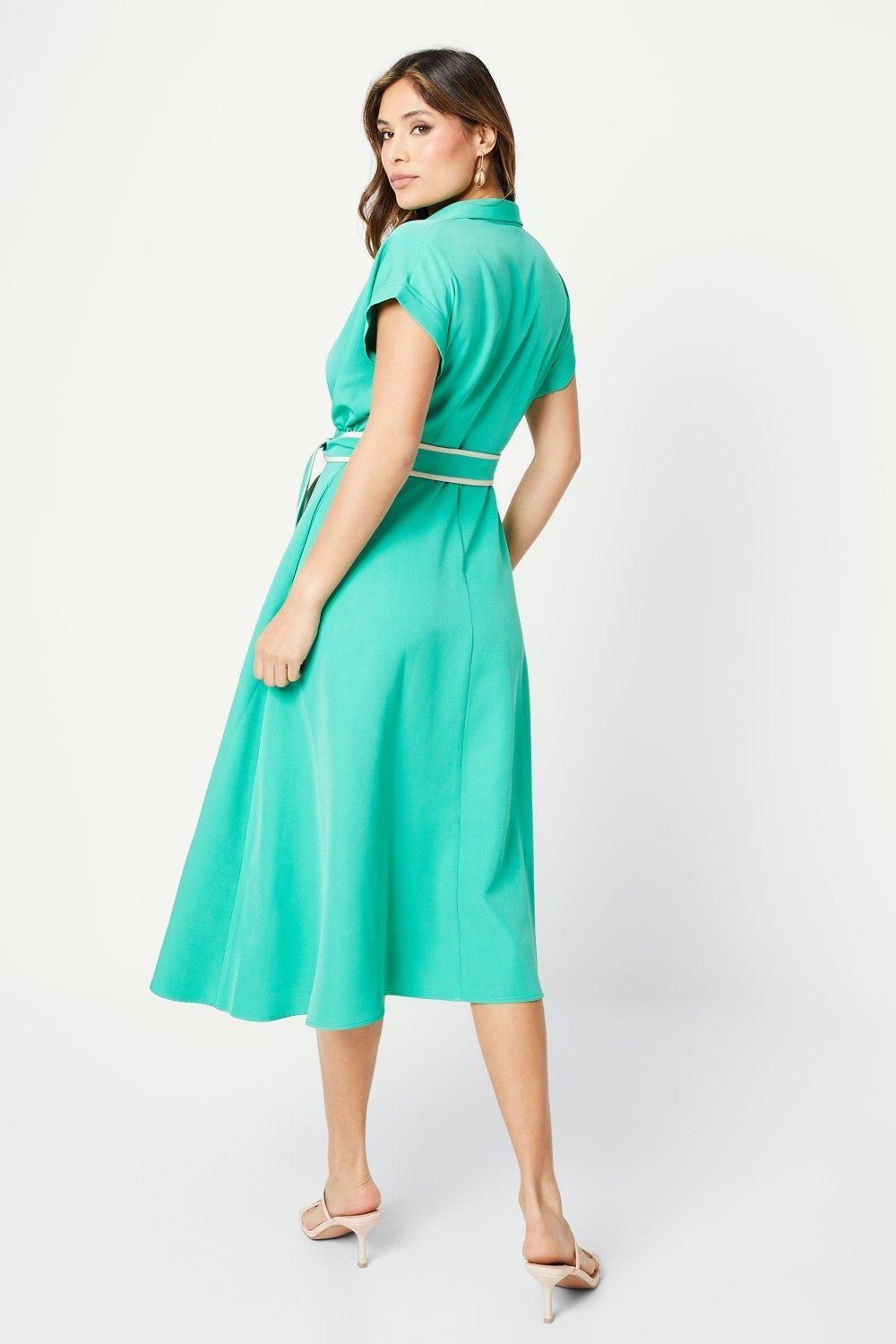 Principles Black Contrast Tie Waist Midi Dress Green image 3