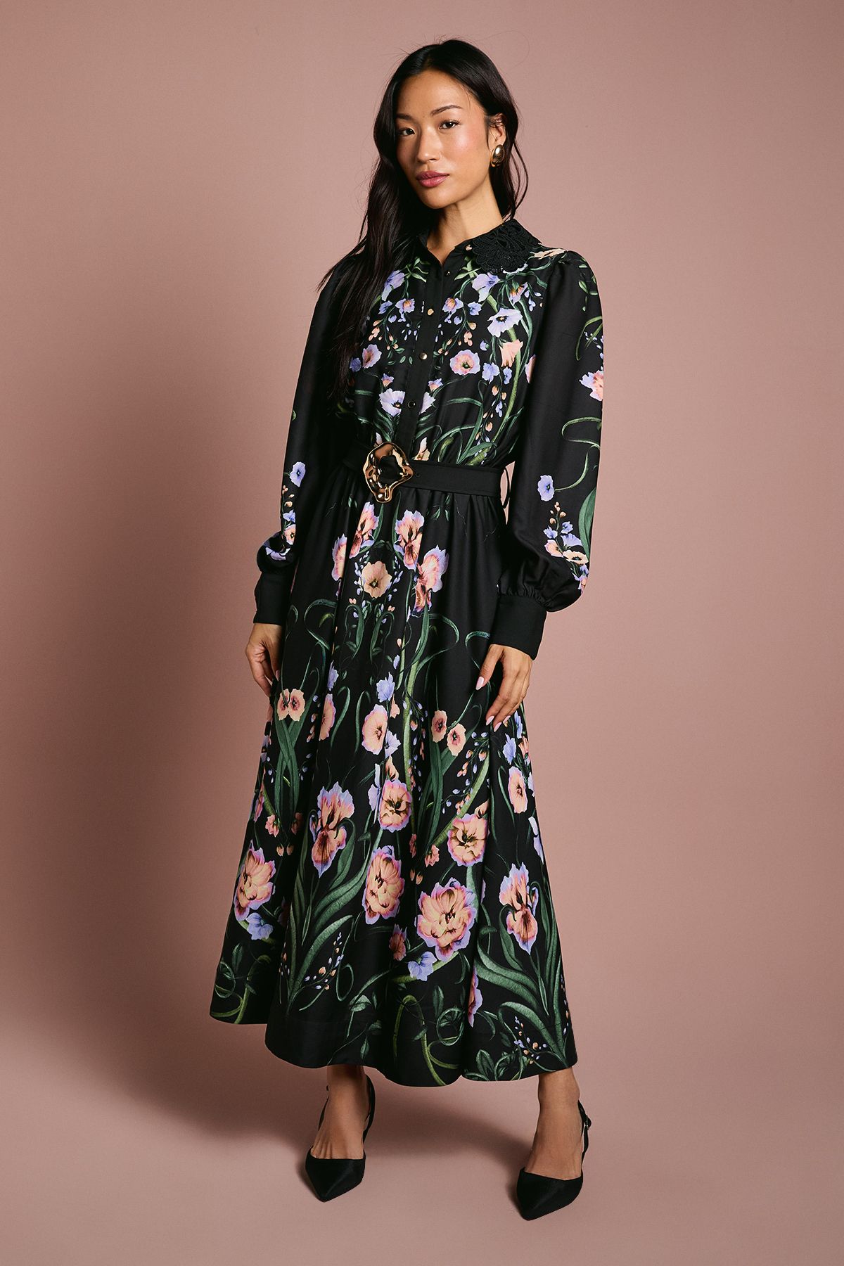 Coast Long Sleeve Placement Print Shirt Dress With Lace Trims Black