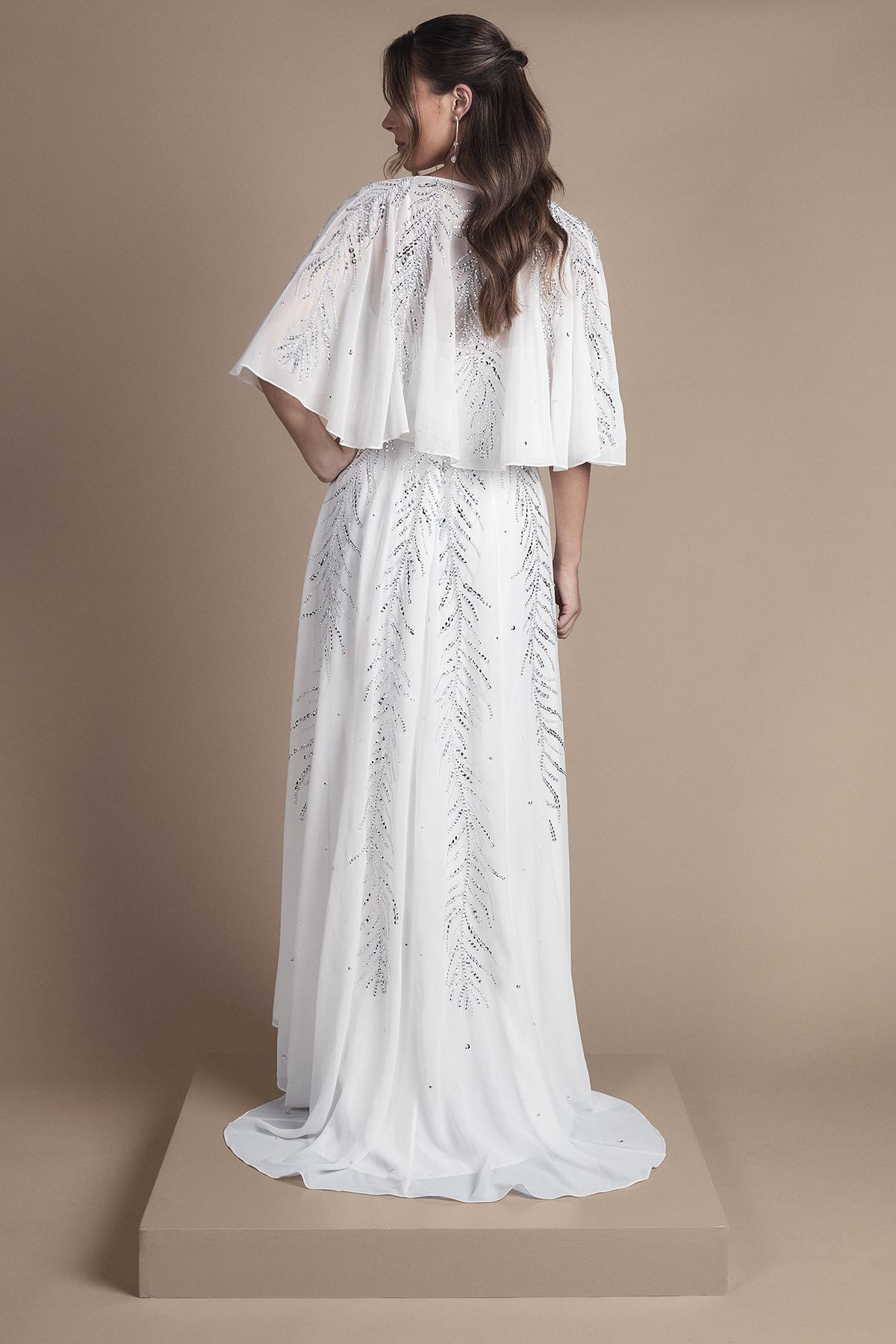Coast Sequin and Embellished Angel Sleeve Wrap Detail Maxi Wedding Dress with Cape Back Ivory image 3