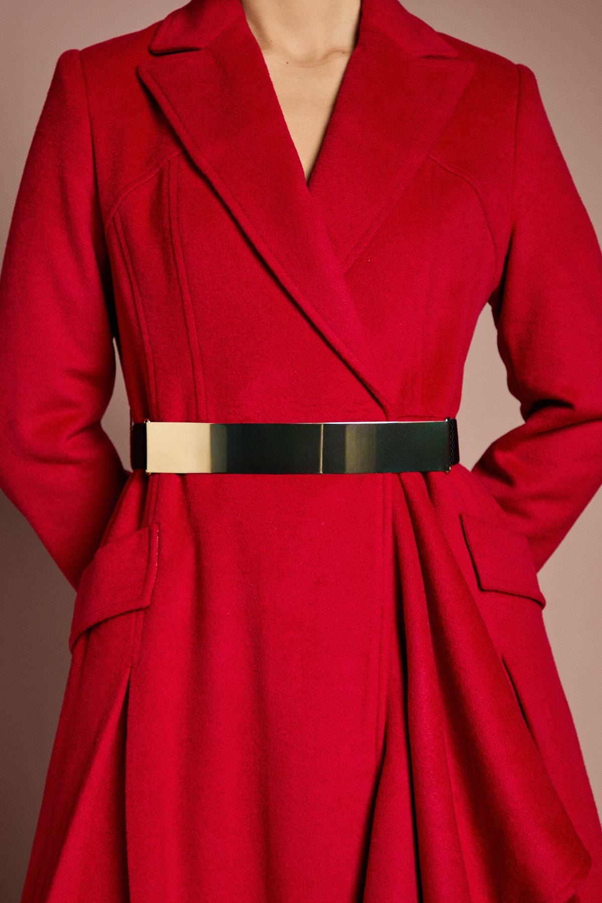 Coast Lisa Tan Occasion Gold Belt Ruffle Detail Longline Coat Red image 4