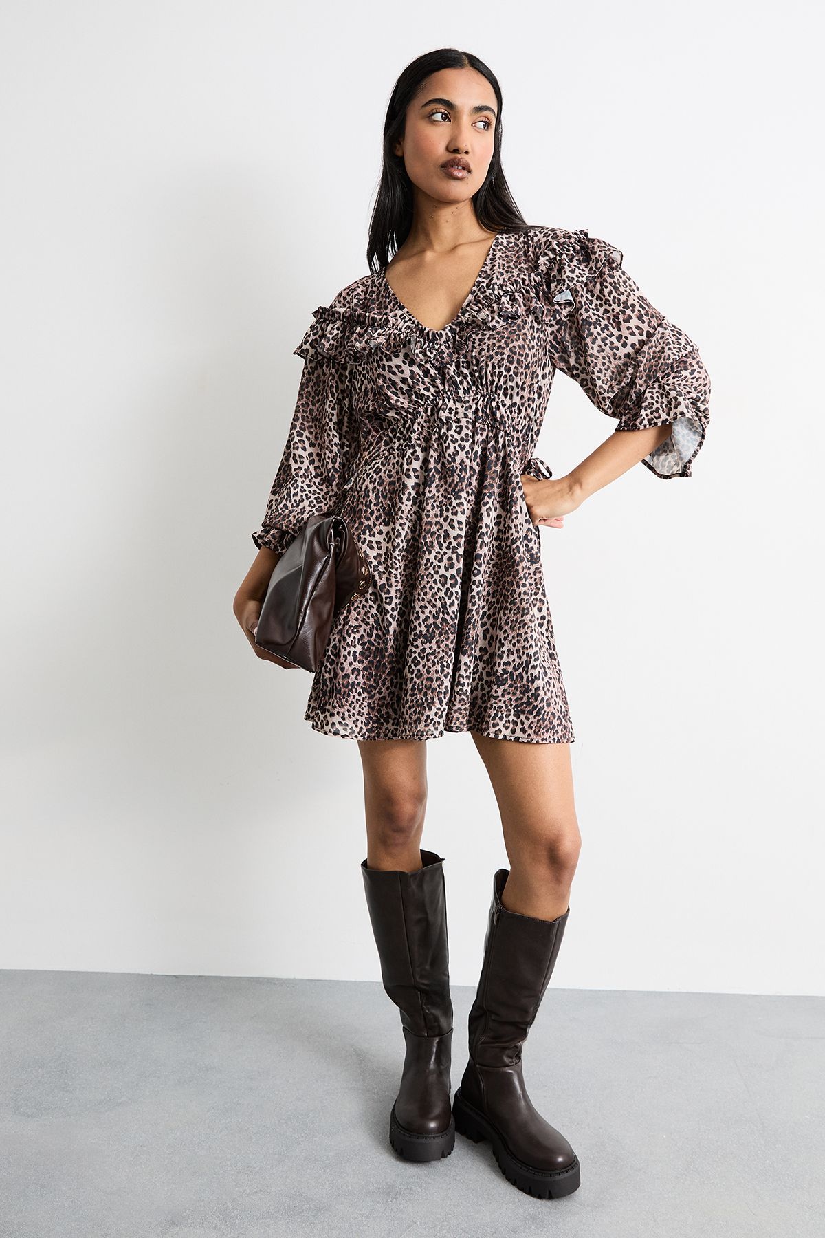 Warehouse Printed Ruffle Shoulder Detail V Neck Boho Mini Dress Animal image 2