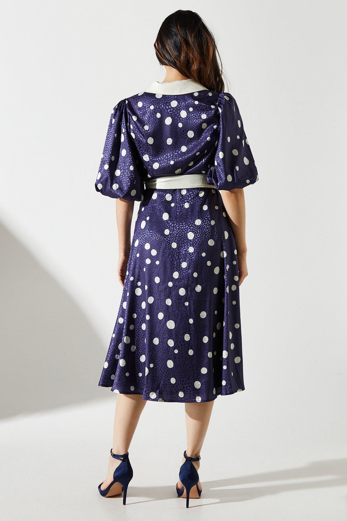 Coast Short Sleeve Satin Polka-Dot Wrap Dress Navy image 3