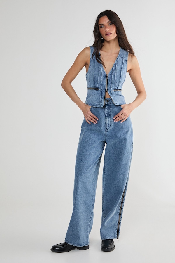 NastyGal Denim Seam Detail Zip Waistcoat Light Wash
