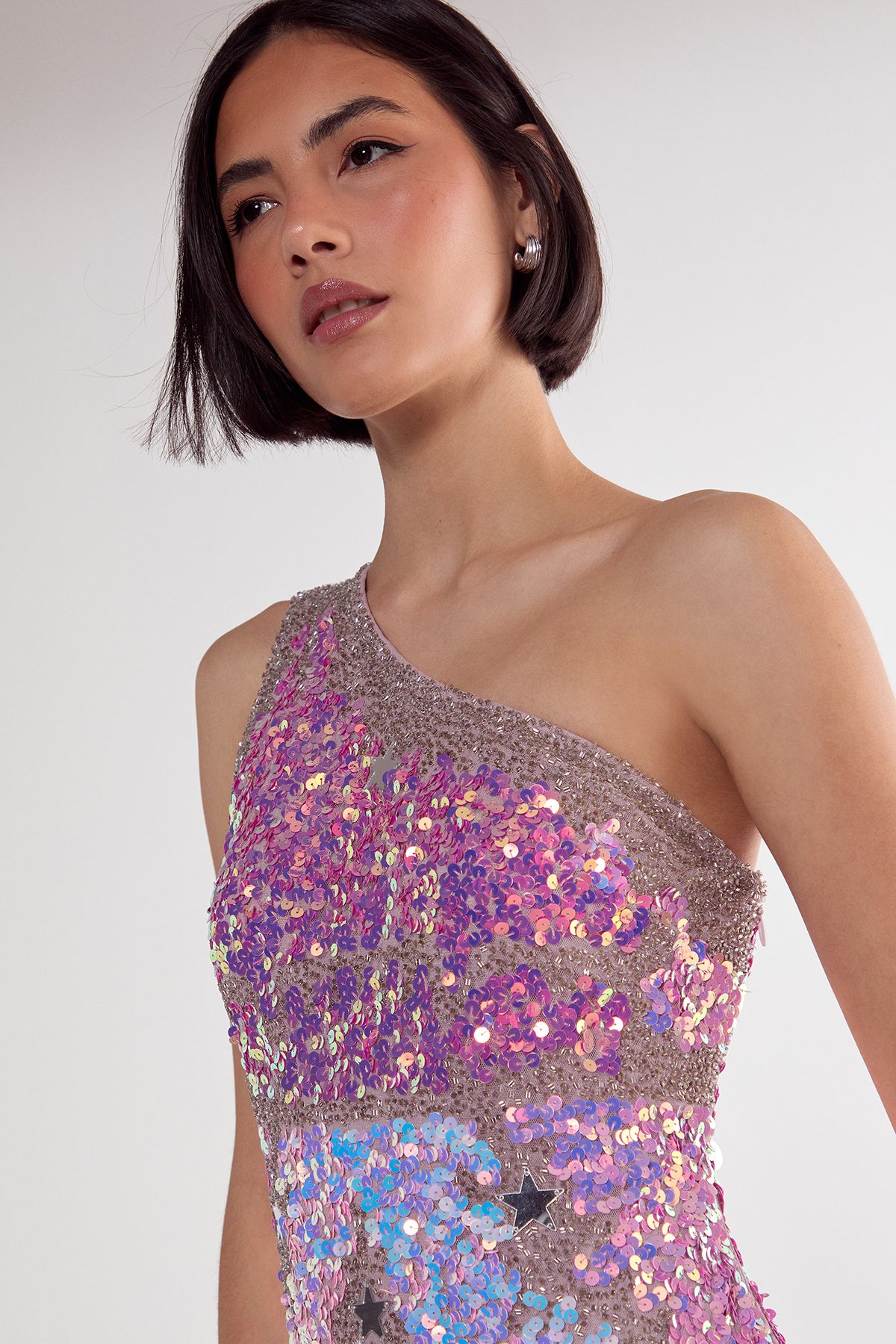 NastyGal Star Sequin Tassel One Shoulder Mini Dress Pink image 3