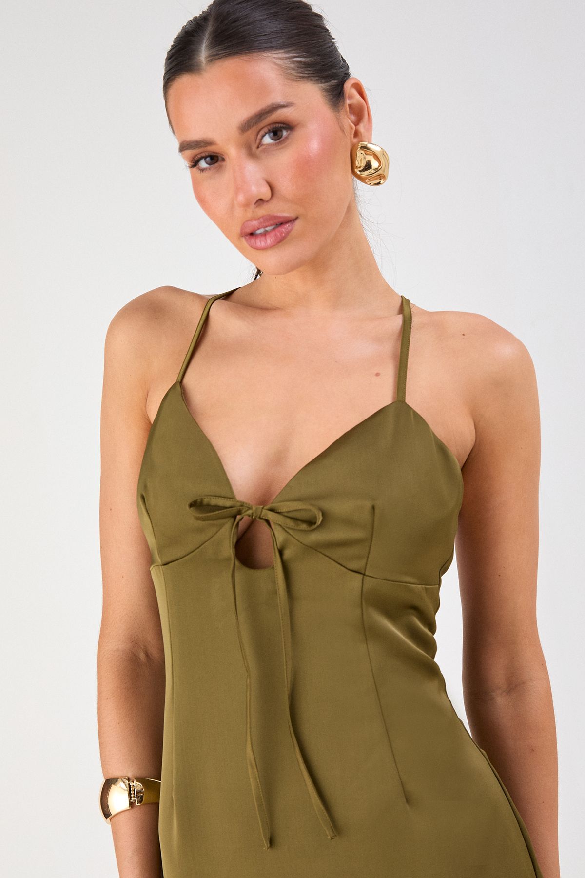 MissPap Tie Detail Strappy Satin Maxi Dress Olive image 3