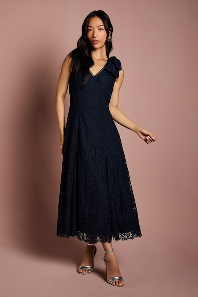 Coast Bow Shoulder V Neck Lace Midi Dress Navy
