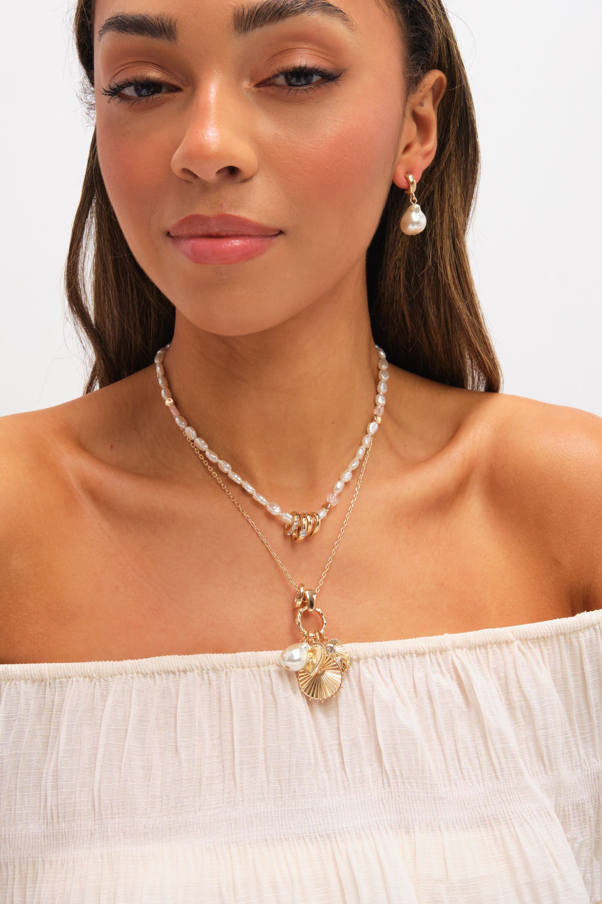 Mood Gold Plated Multi Row Charm Pearl Necklace image 3