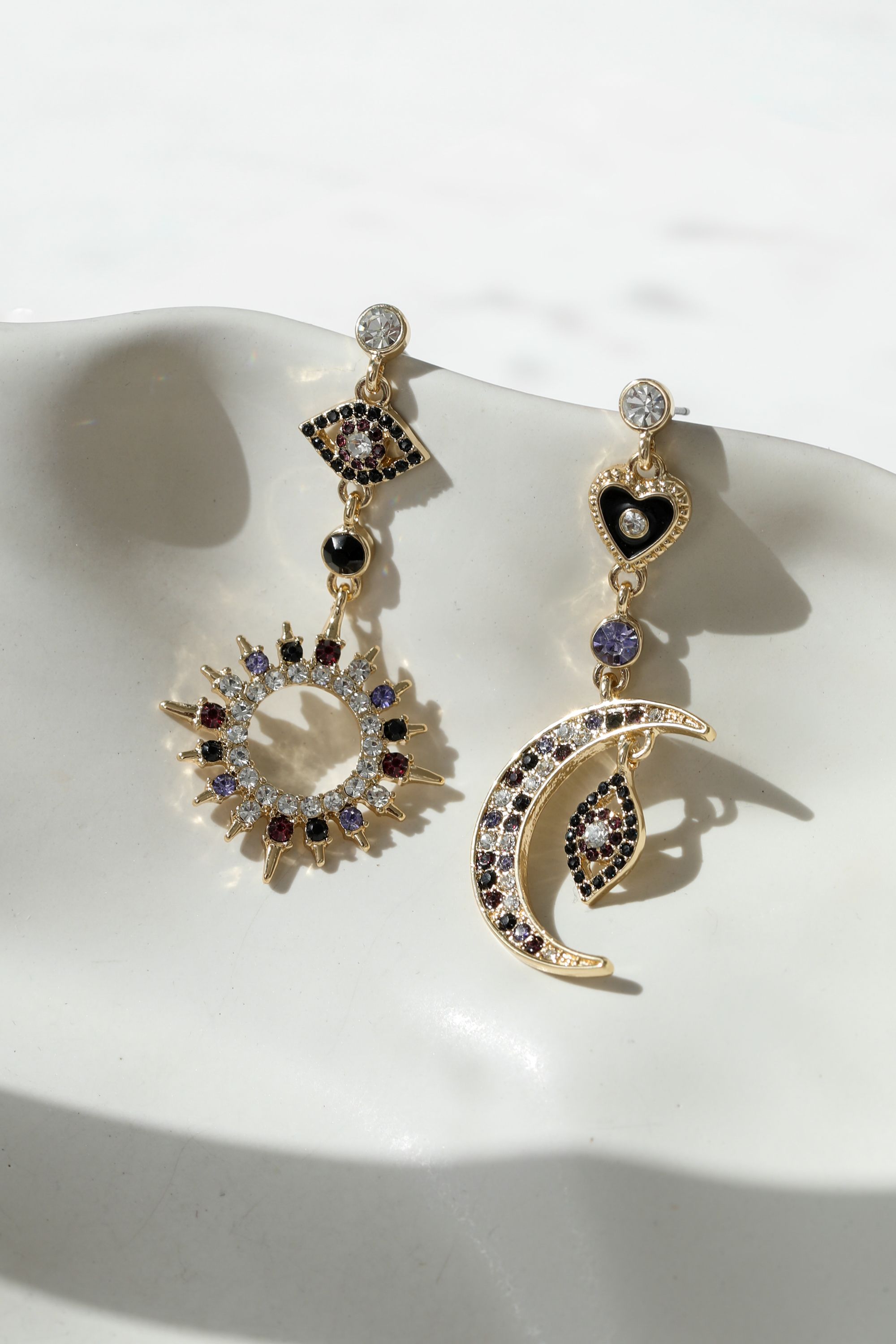 Mood Gold & Multi Colour Crystal Mismatch Celestial Earrings image 3