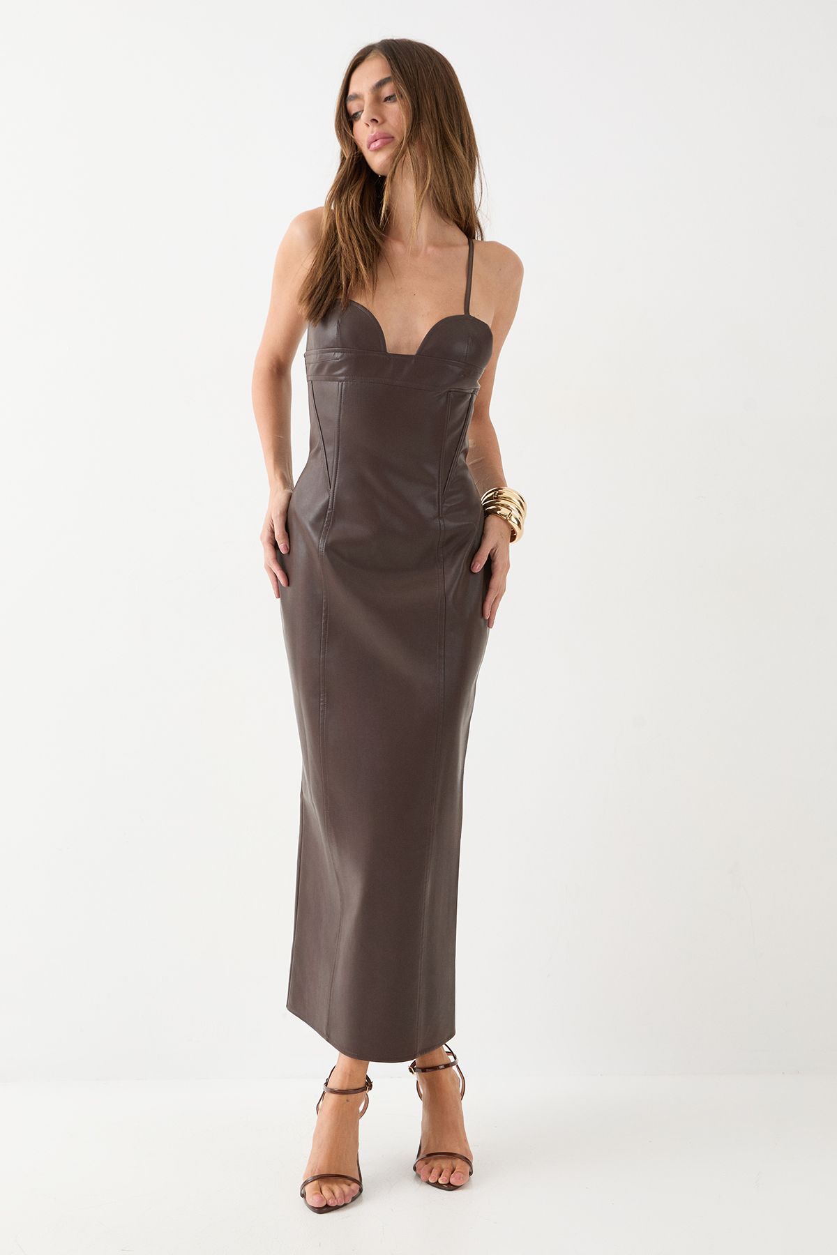 MissPap Faux Leather Midi Dress Chocolate image 1