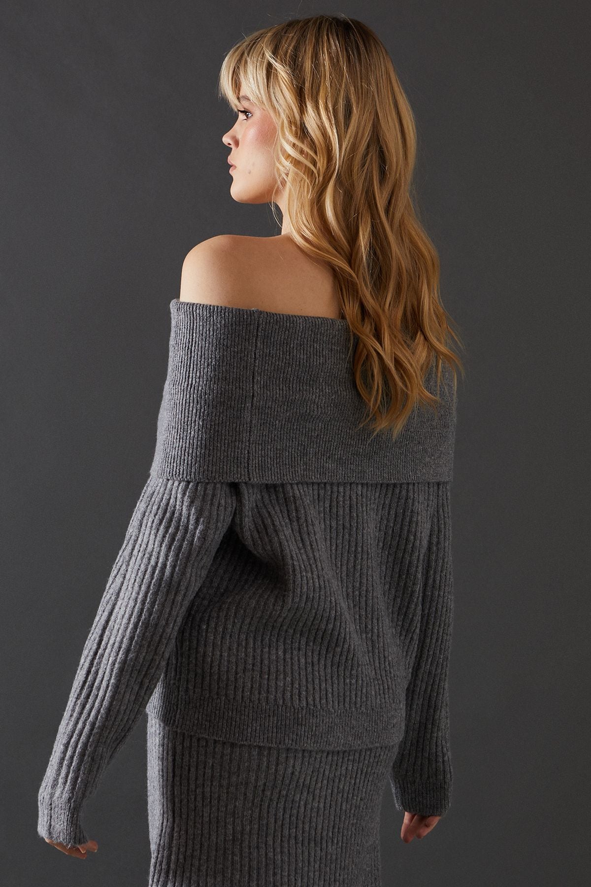 Warehouse Cable Front Slouchy Bardot Jumper Grey Marl image 3