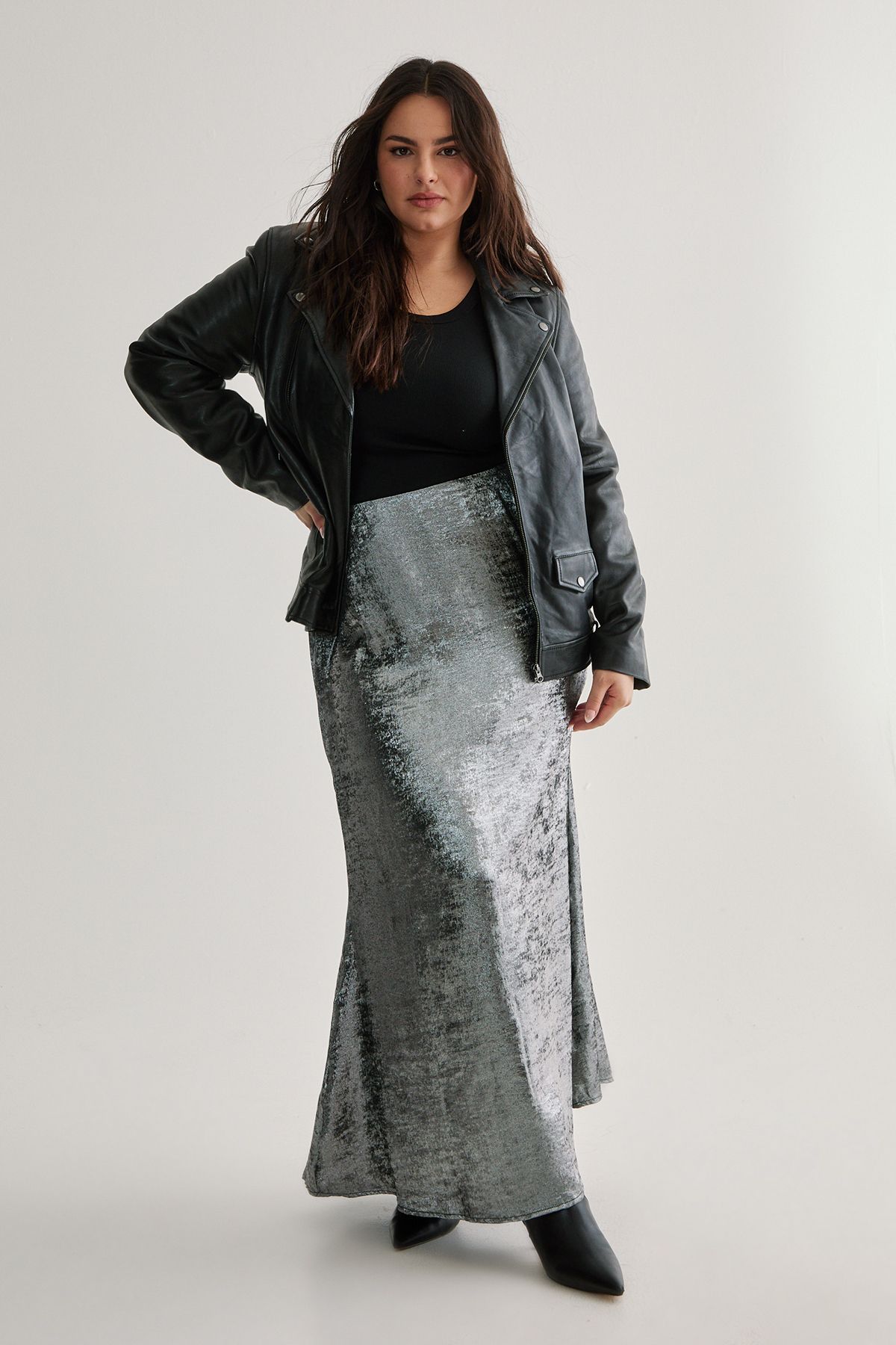 NastyGal Plus Metallic Maxi Skirt Silver image 1
