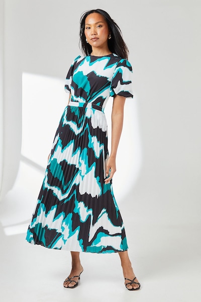 Principles Abstract Print Puff Sleeve Pleated Midi Dress Green