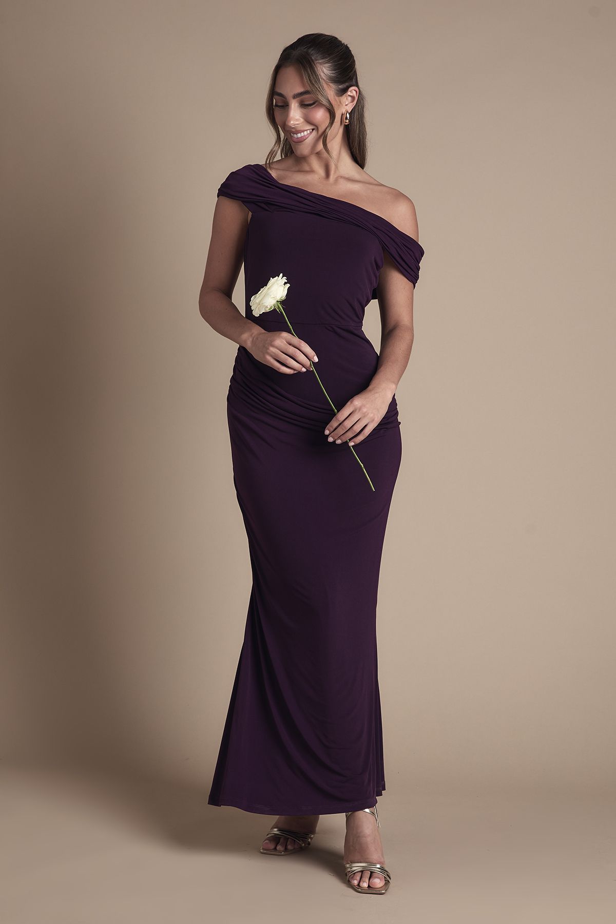 Coast Bardot Slinky Maxi Dress with Ruched Detailing Aubergine image 1