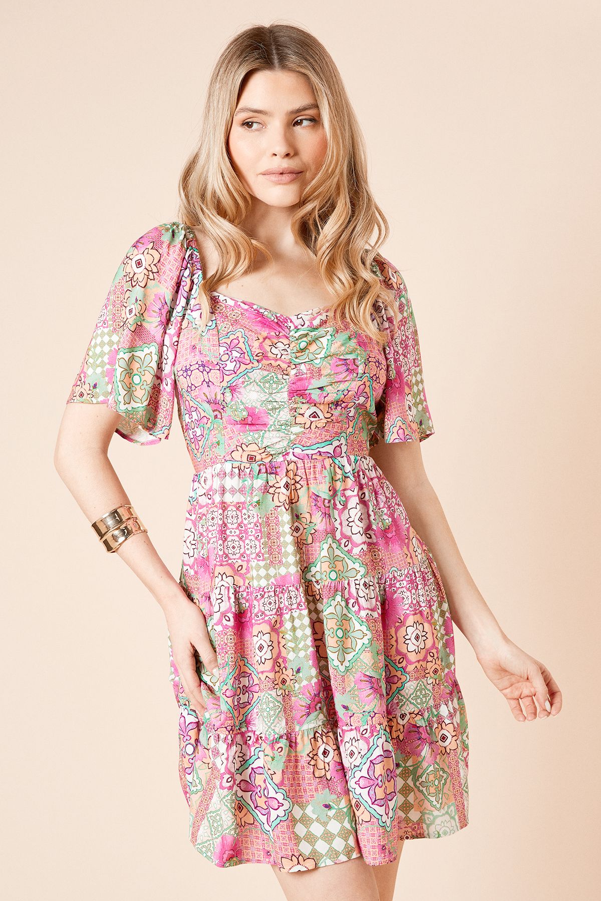 Dorothy Perkins Tile Angel Sleeve Tiered Mini Dress Multi image 2