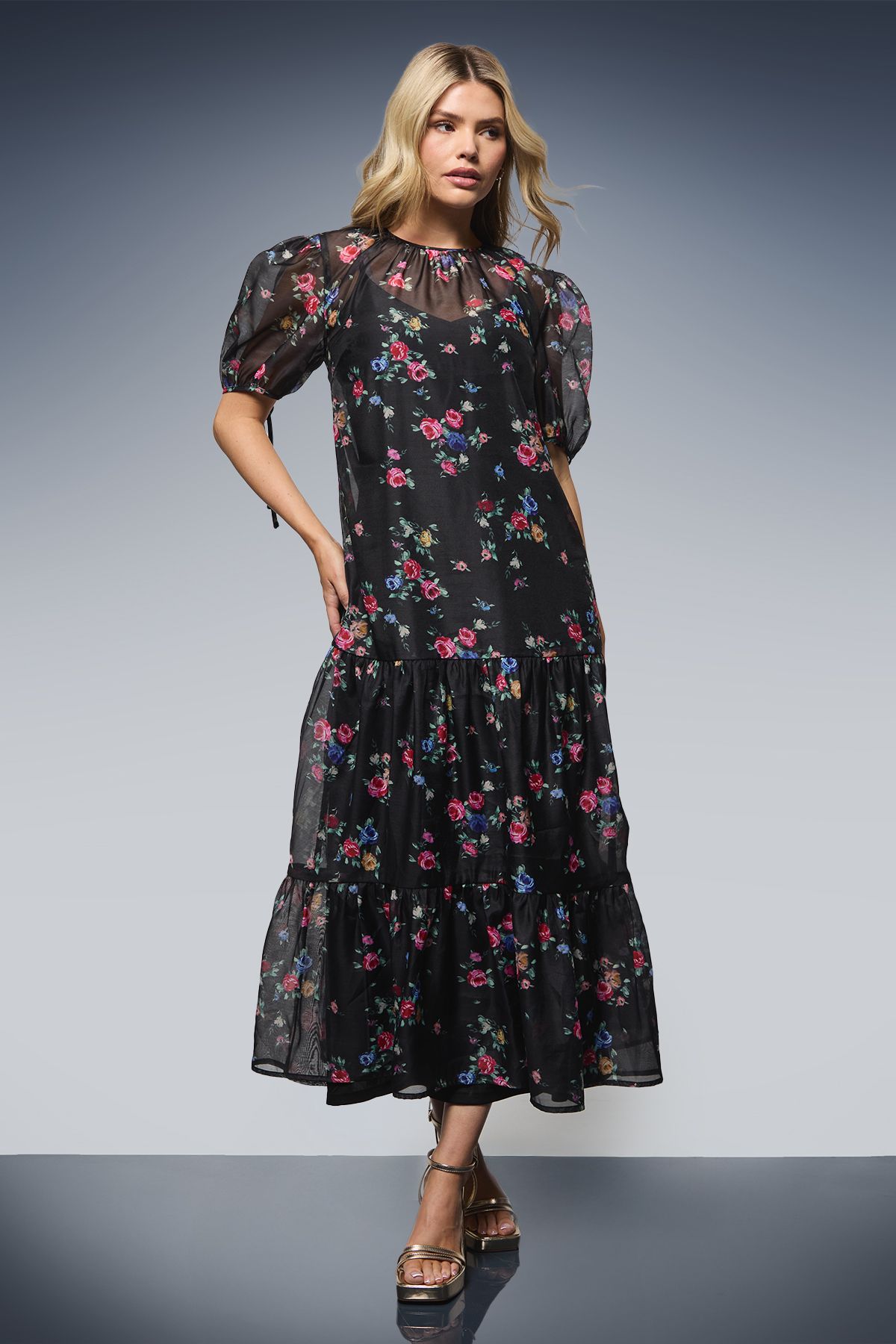 Dorothy Perkins DP Luxe Printed Organza Tiered Midaxi Dress Black