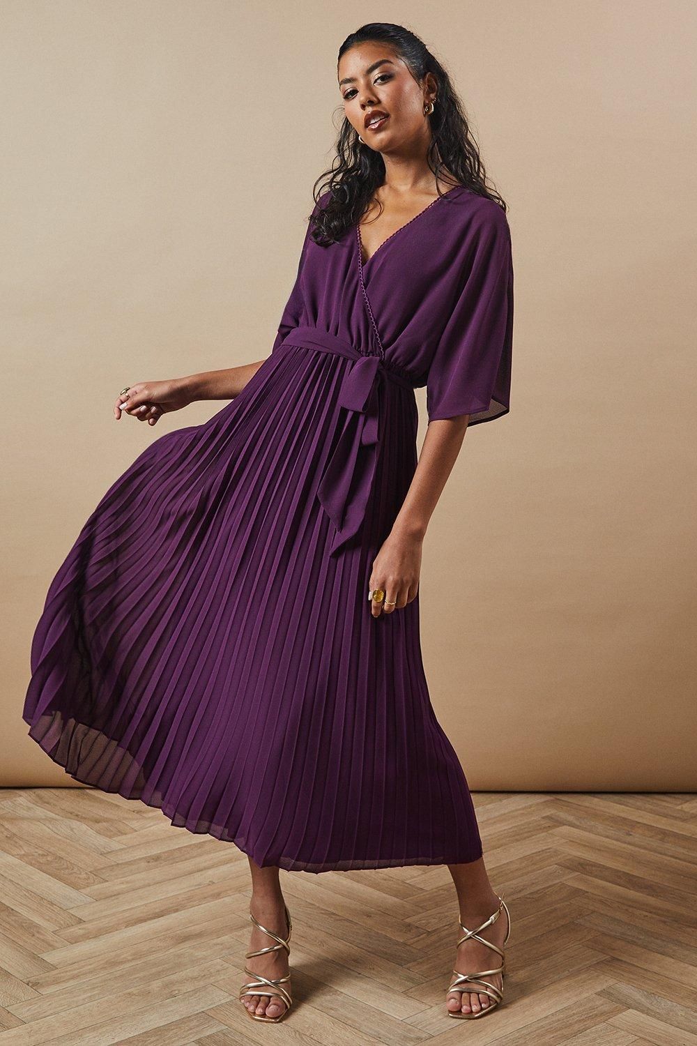 Oasis Petite Occasion Kimono Sleeve Pleated Midi Dress Plum image 1