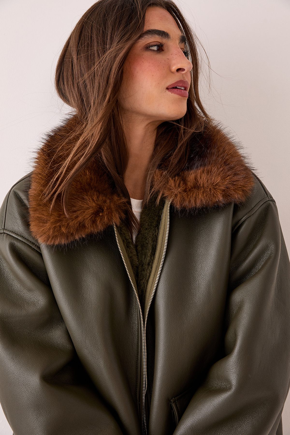 NastyGal PU Oversized Faux Fur Collar Bomber Jacket Khaki image 3