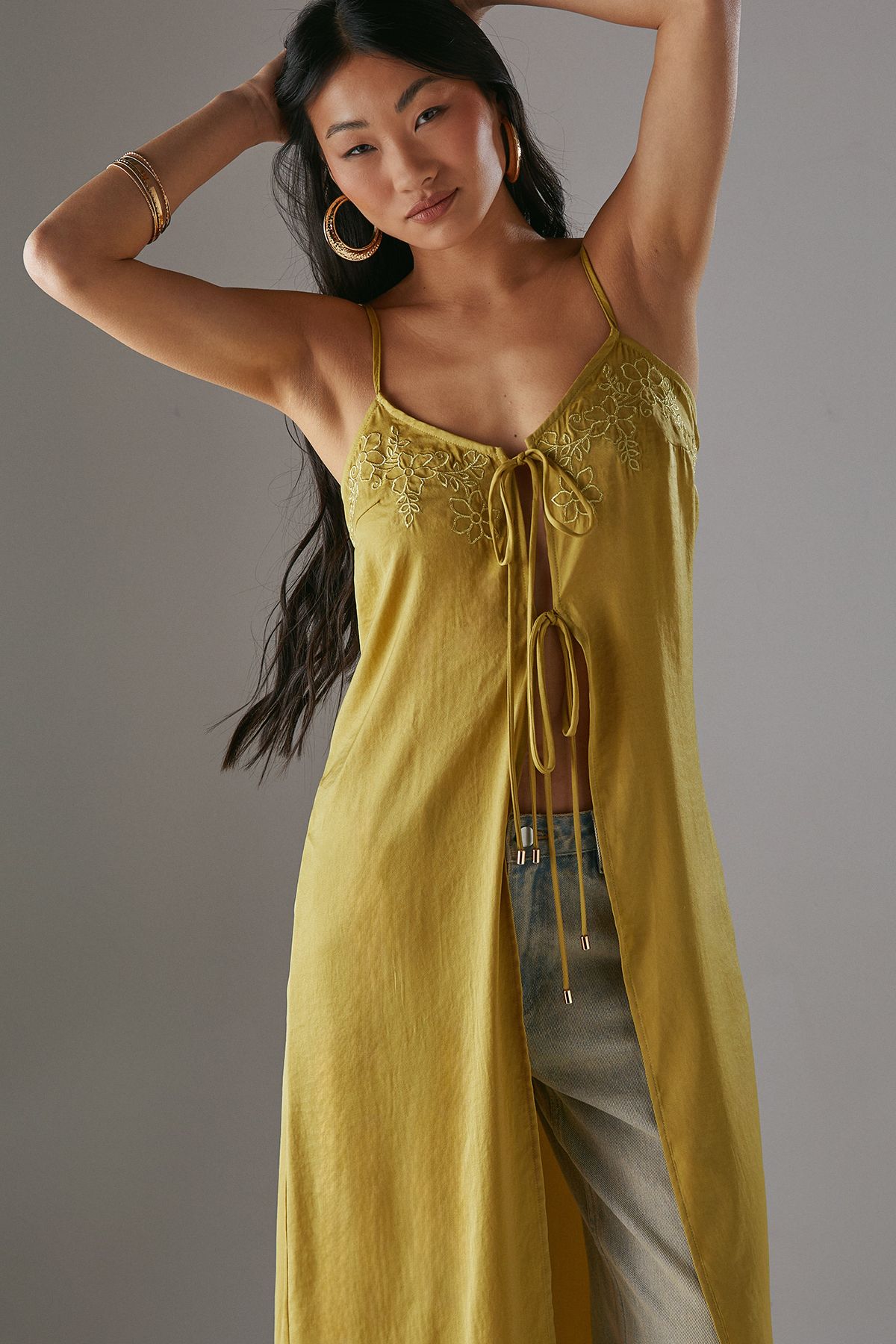 Warehouse Petite Metallic Embroidered Satin Maxi Cami Top Olive image 2