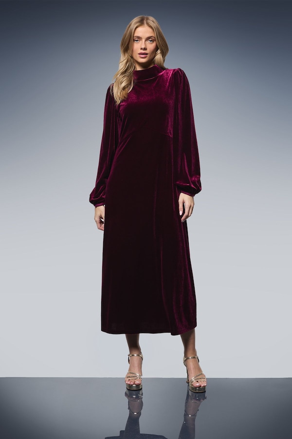 Oasis Occasion Velvet High Neck Midi Dress Plum
