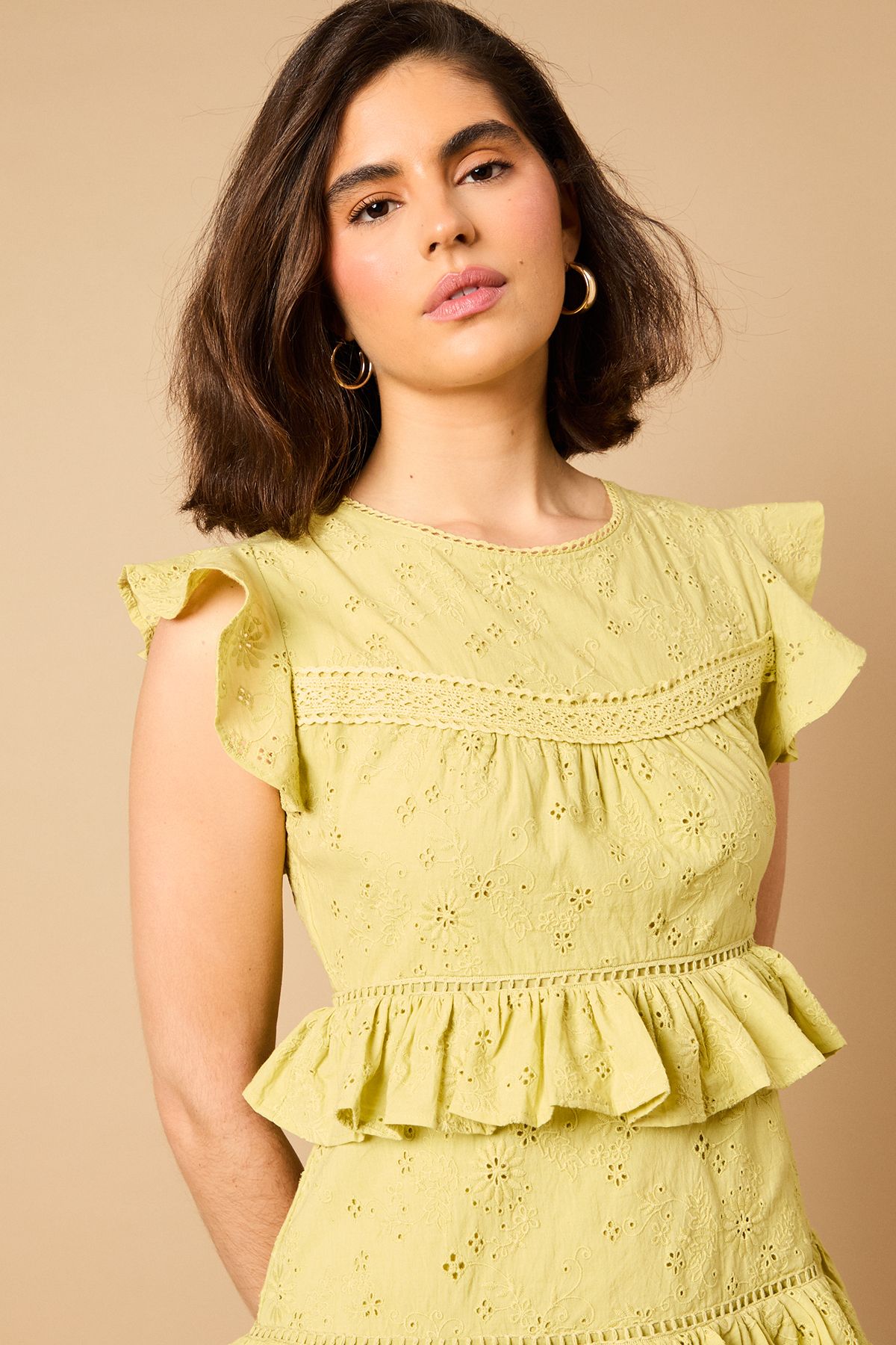 Oasis Ruffle Broderie Mini Dress Olive image 4