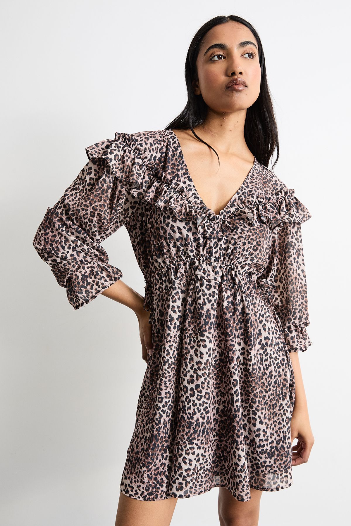 Warehouse Printed Ruffle Shoulder Detail V Neck Boho Mini Dress Animal image 1