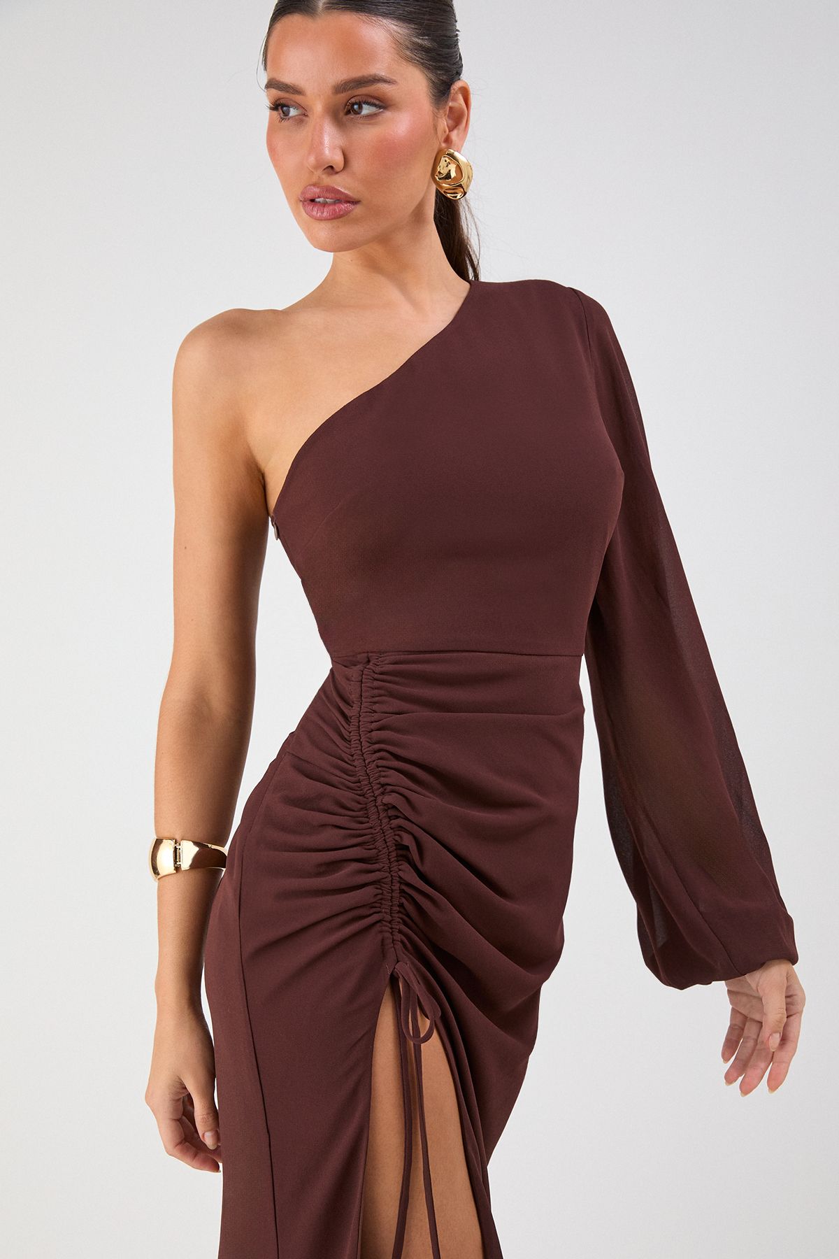 MissPap One Shoulder Ruched Detail Maxi Dress Chocolate image 3