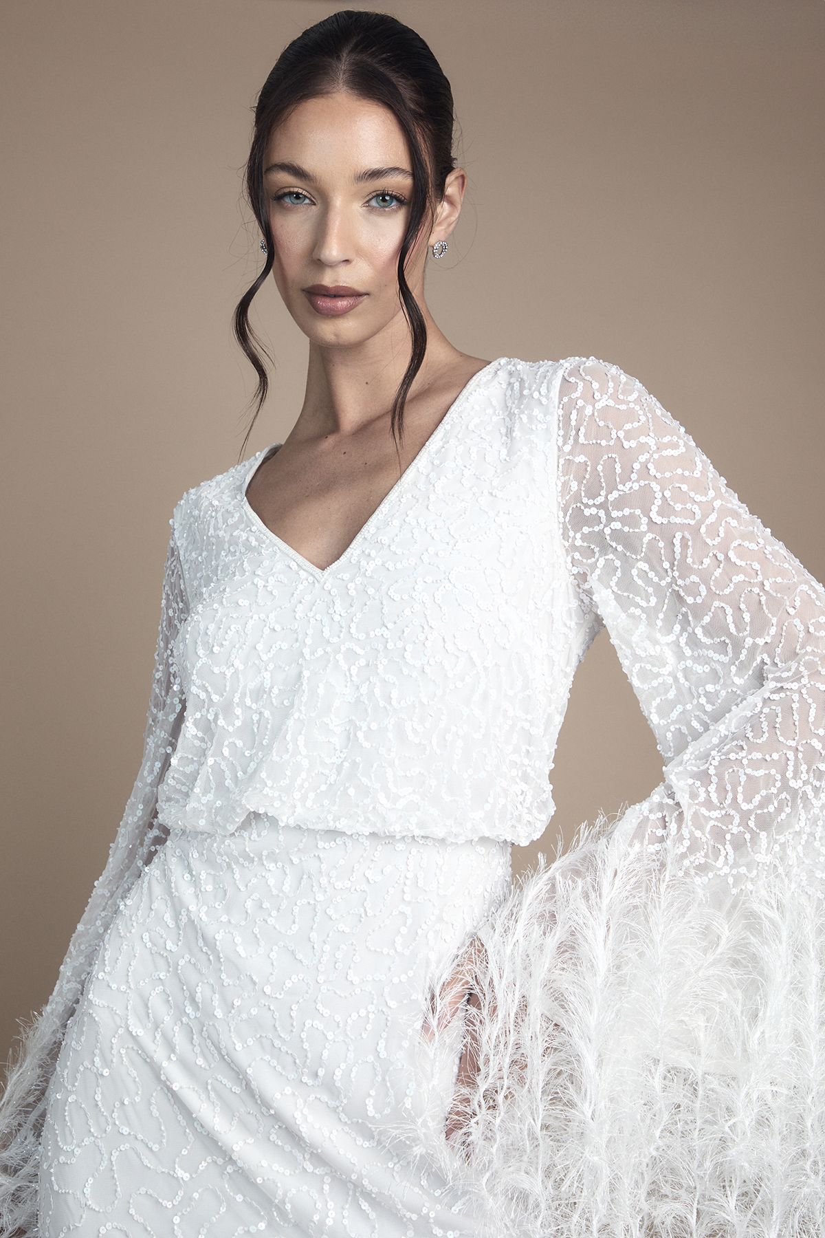 Coast Sequin Embellished Feather Trim Long Sleeve Maxi Wedding Dress Ivory image 4