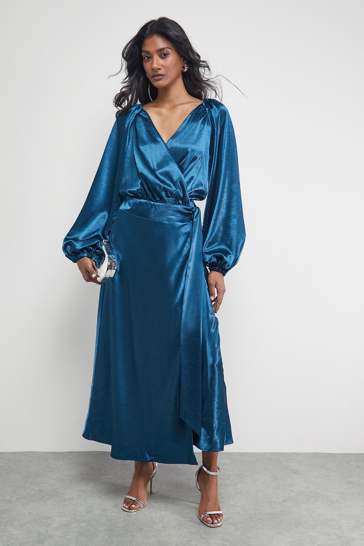 Warehouse Satin Tie Waist Wrap Ruffle Tier Maxi Dress Teal image 1
