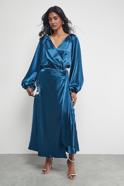 Warehouse Satin Tie Waist Wrap Ruffle Tier Maxi Dress Teal