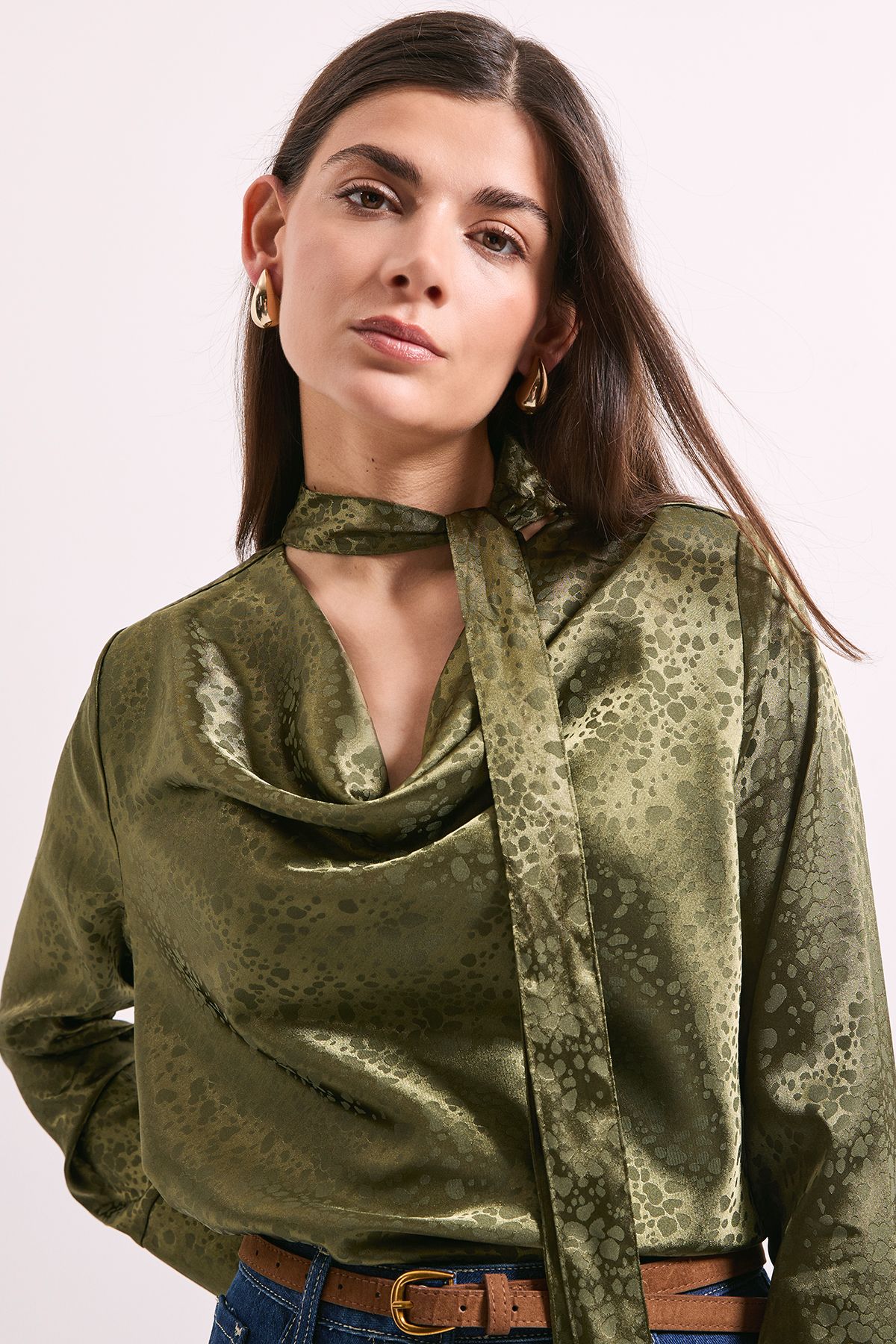 Principles Olive Cowl Tie Neck Satin Jacquard Blouse Olive image 3