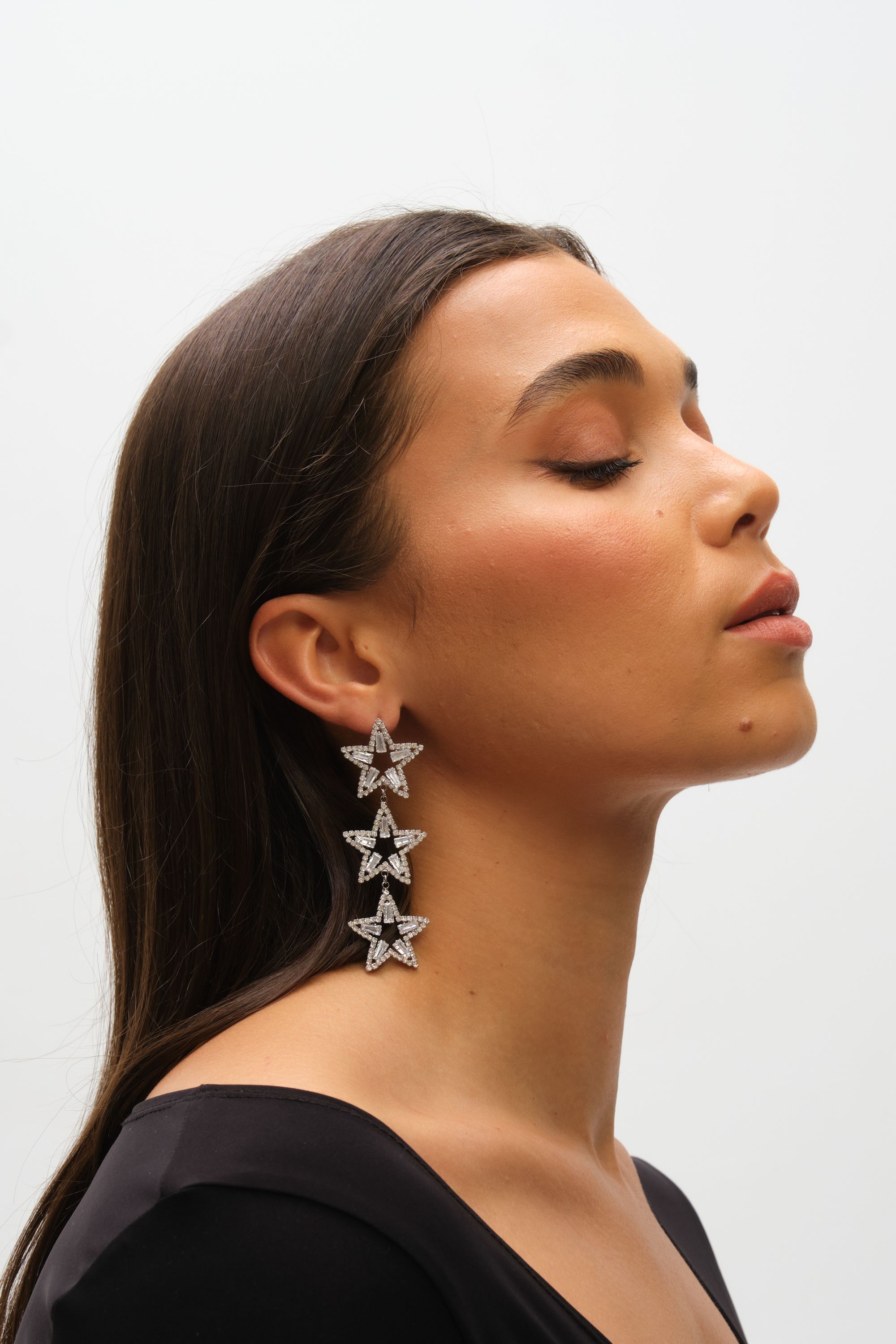 Mood Silver Crystal Triple Star Statement Drop Earrings image 2