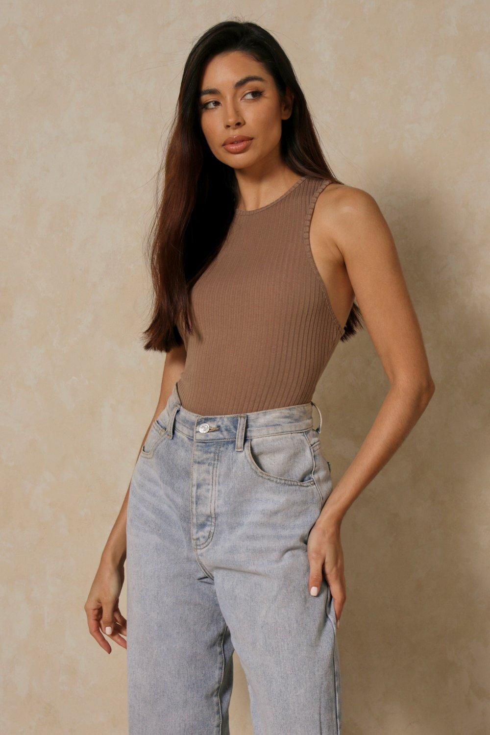 MissPap Soft Rib Racer Neck Thong Bodysuit Mocha image 1