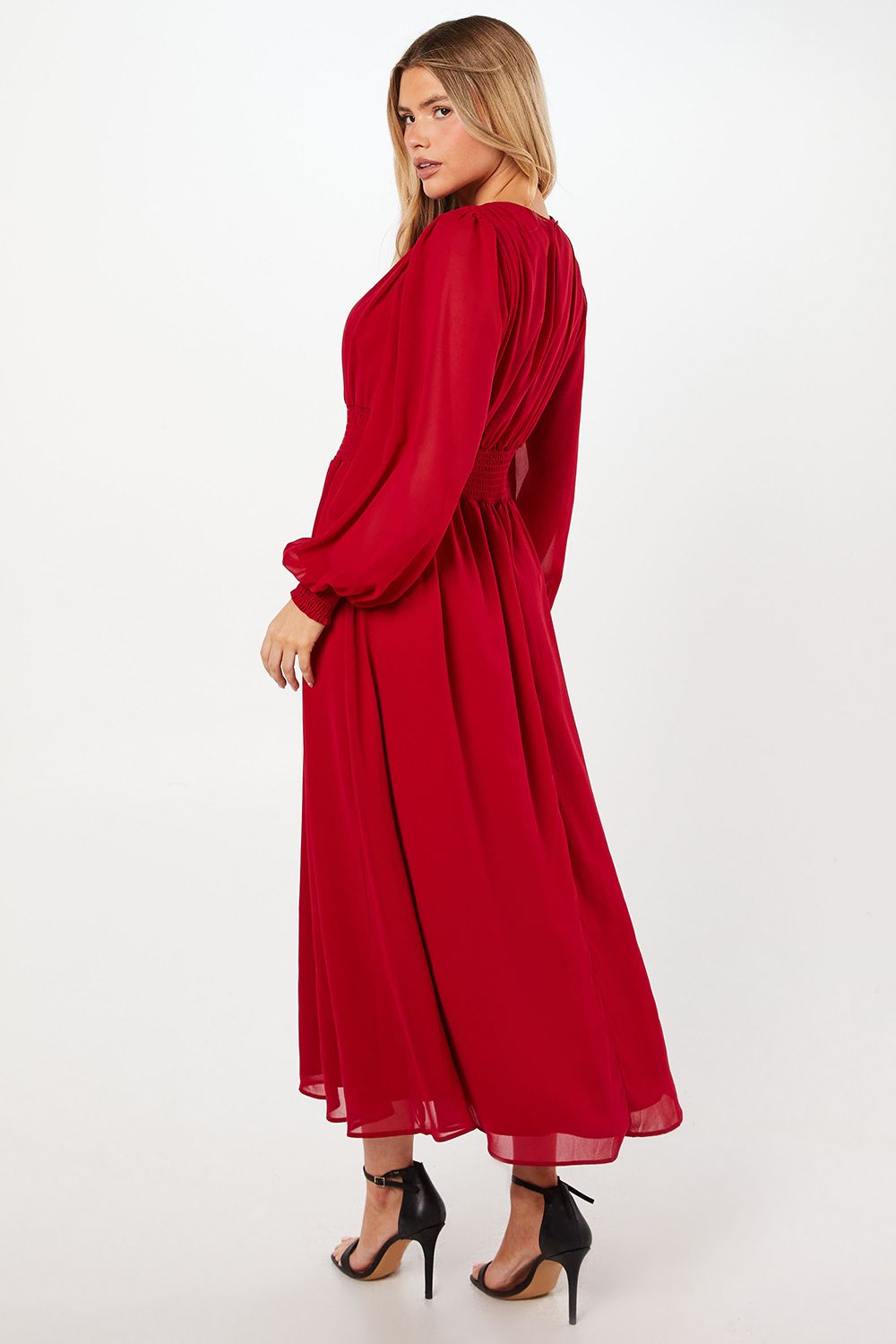 Dorothy Perkins Chiffon Shirred Waist Midi Dress Dark Red image 3
