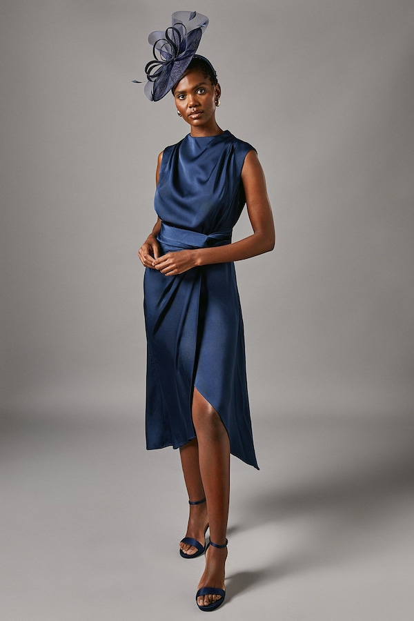 Coast Satin Midi Dress With Twist Waist Navy