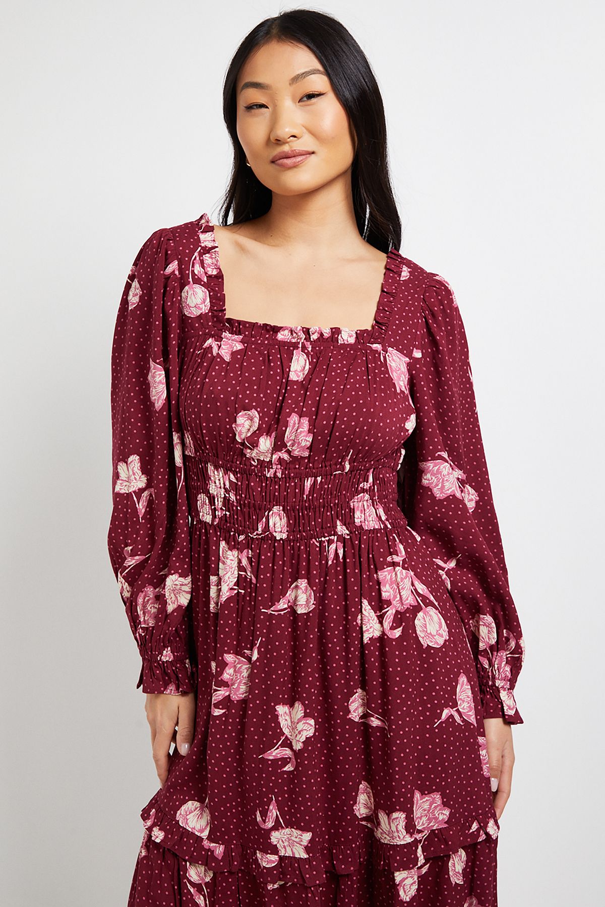 Dorothy Perkins Petite Berry Floral Square Neck Blouson Sleeve Tiered Maxi Dress Berry image 3
