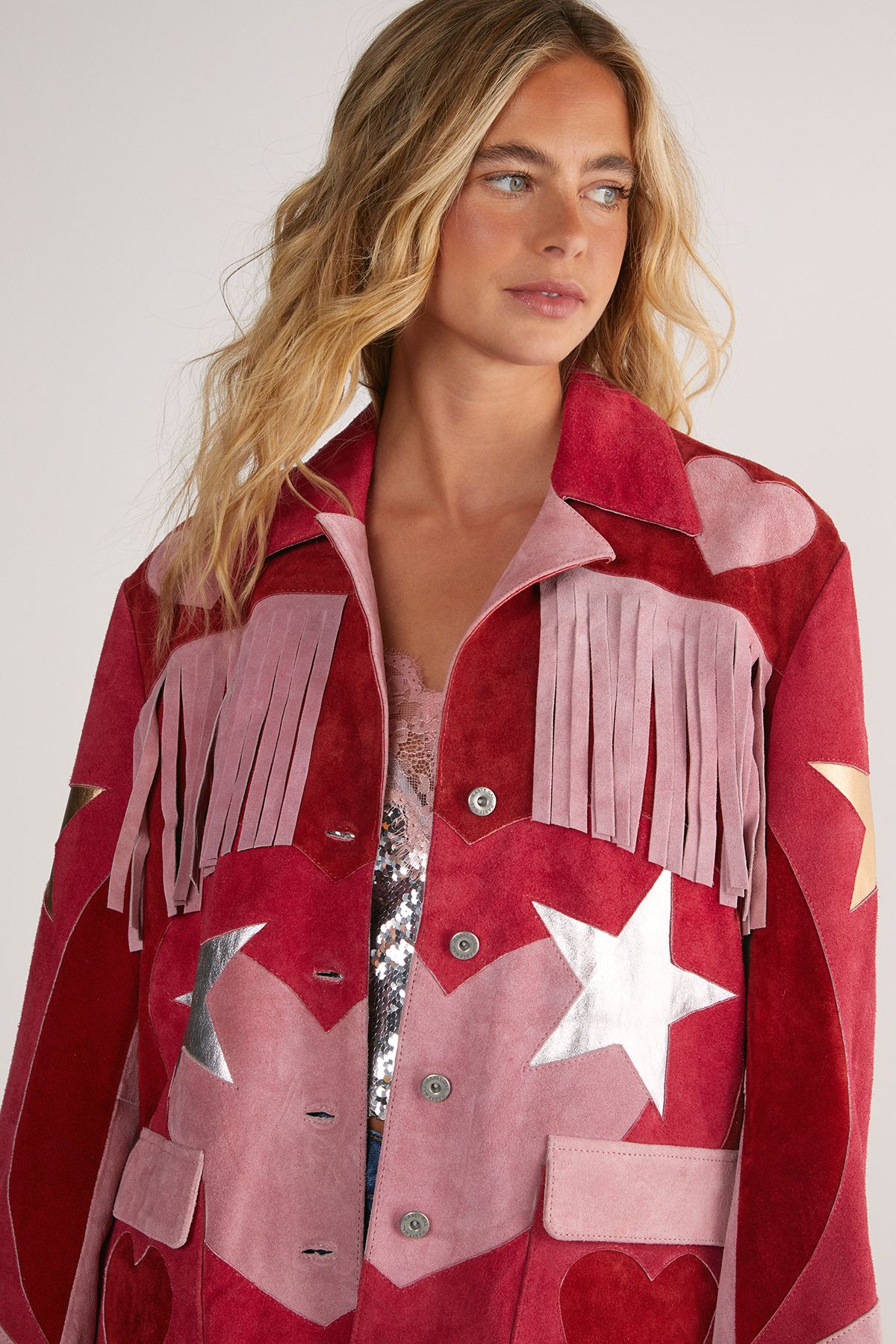 NastyGal Real Suede Heart Fringe Jacket Hot Pink image 3