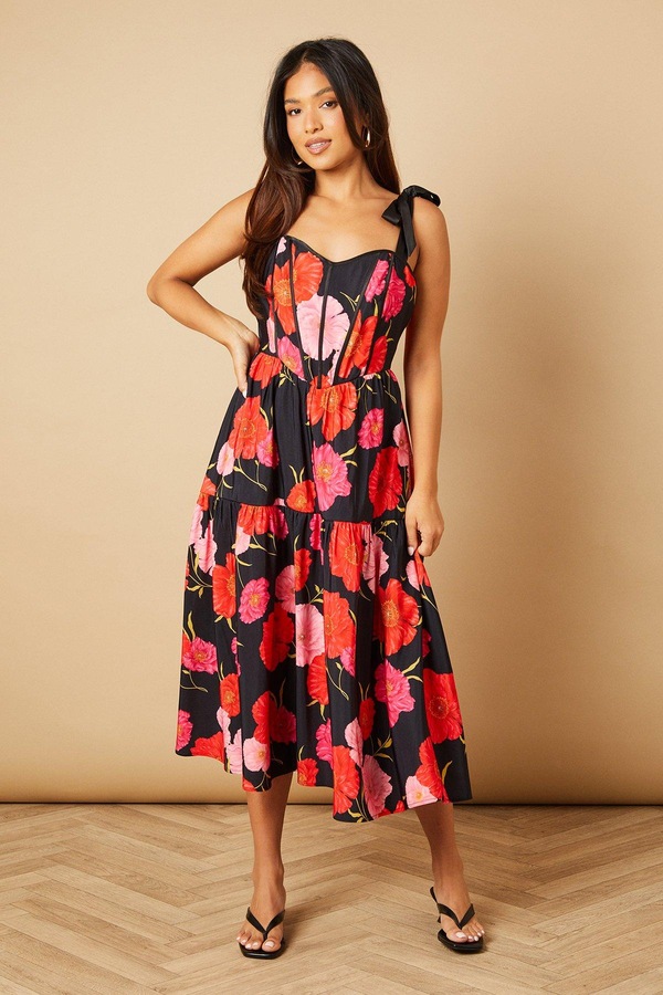Oasis Petite Corset Detail Bow Tie Strap Midi Dress Black