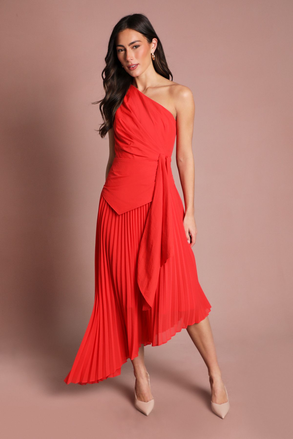 Coast Pleat Drape Detail One Shoulder Midi Dress Red