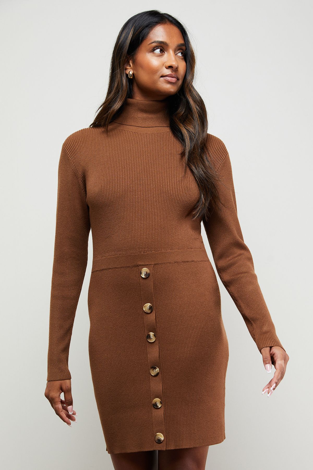 Oasis Button Down High Neck Mini Dress Tan image 2