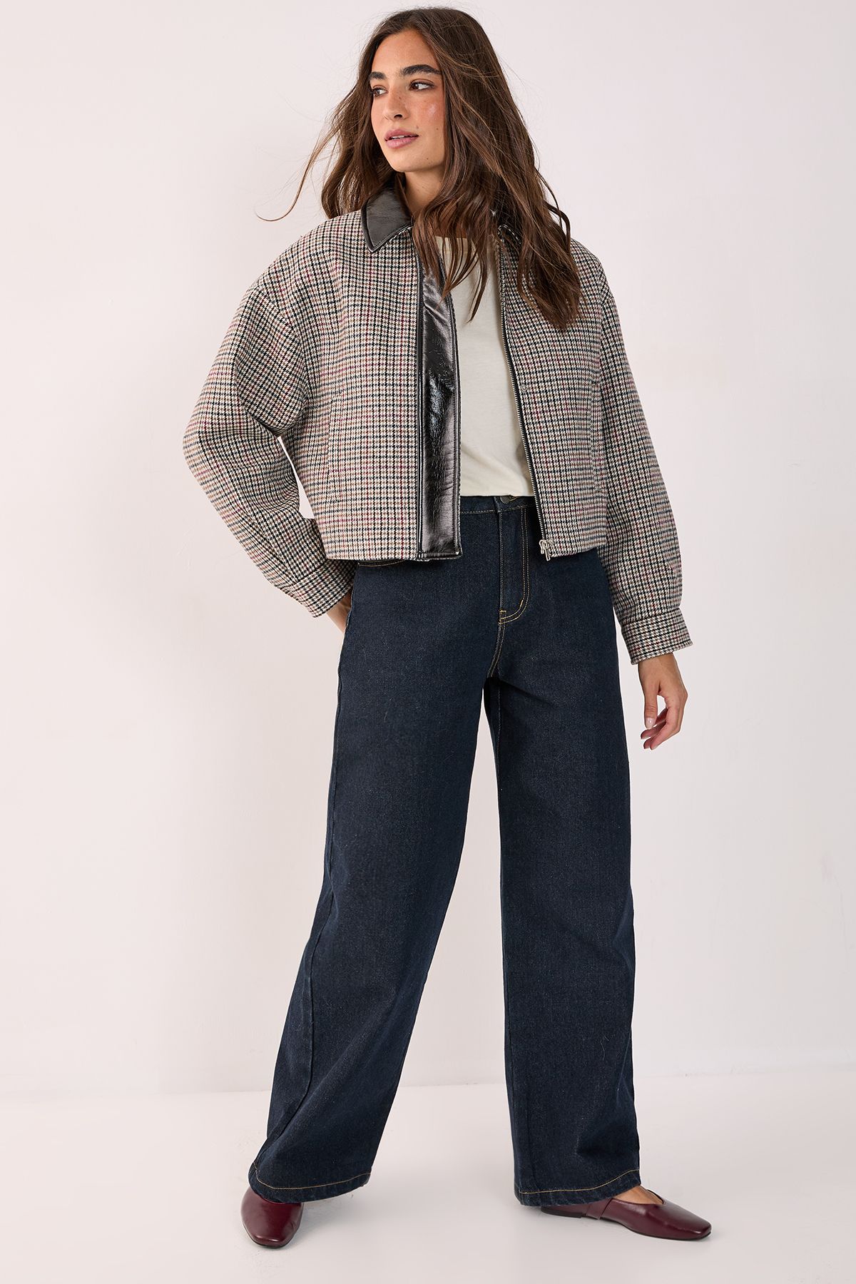 NastyGal Vinyl Collar Cropped Checked Jacket Brown image 2