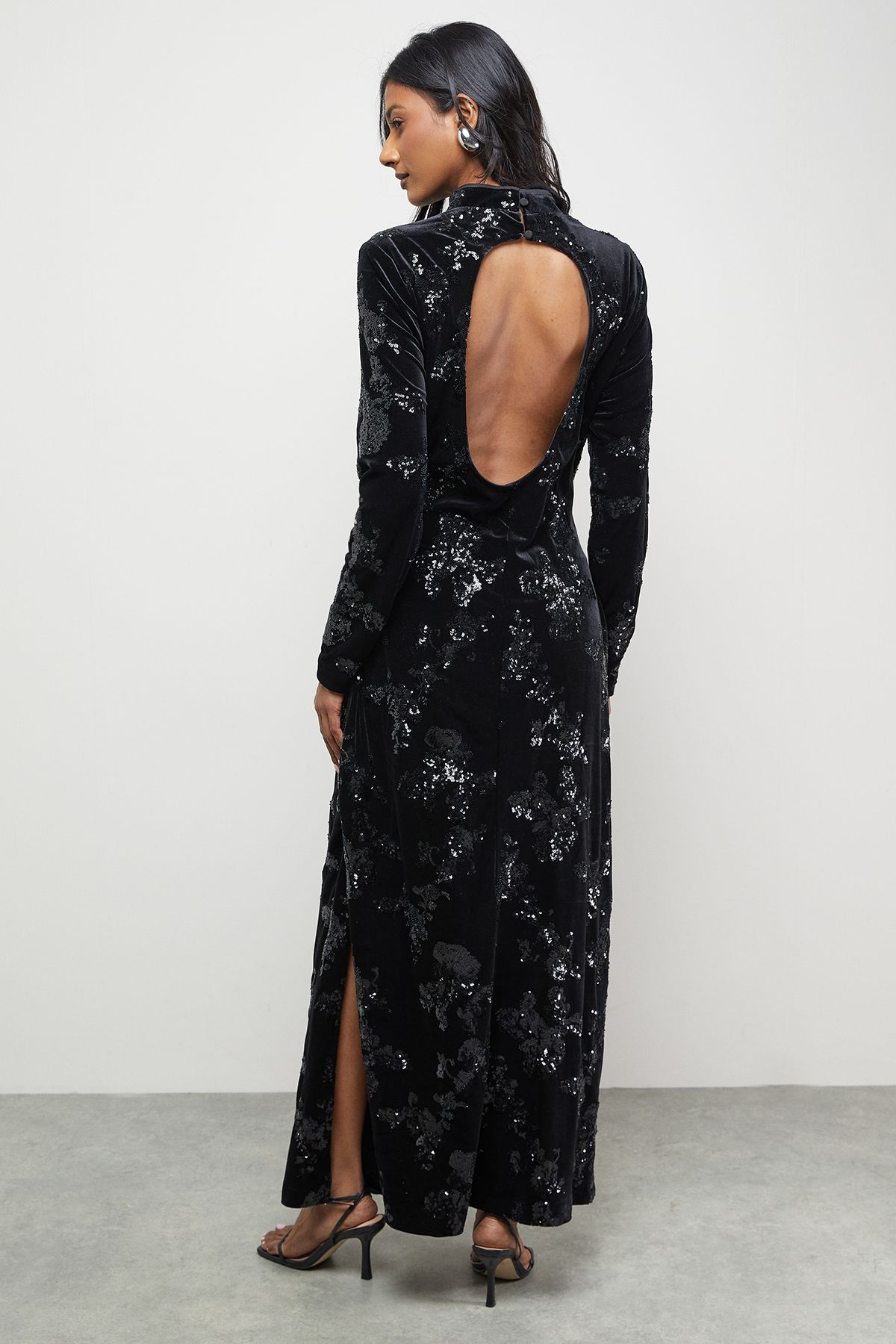 Warehouse Velvet Sequin High Neck Backless Midaxi Dress Silver image 3