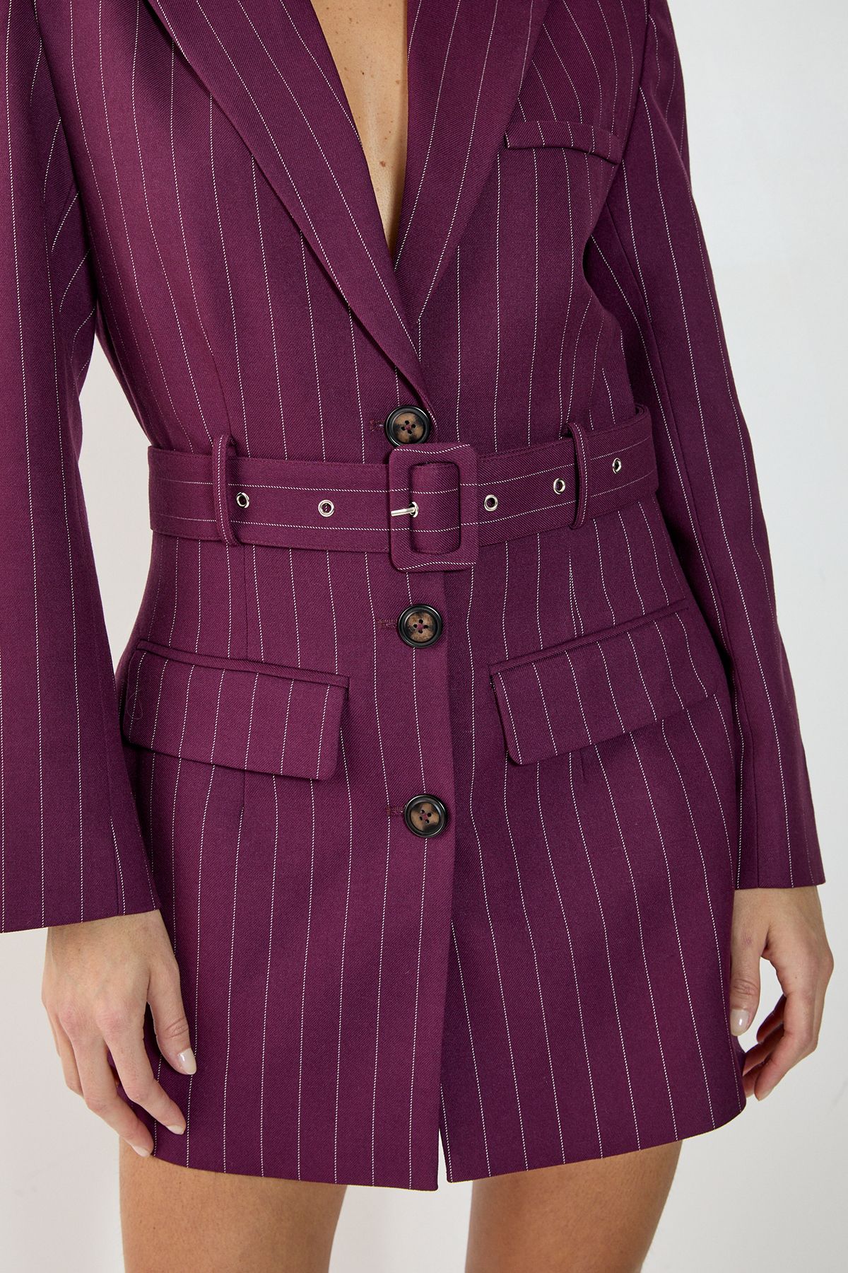 NastyGal Pinstripe Belted Blazer Dress Wine image 3