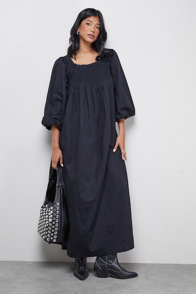 Warehouse Cotton Shirred Square Neck Midi Dress Black