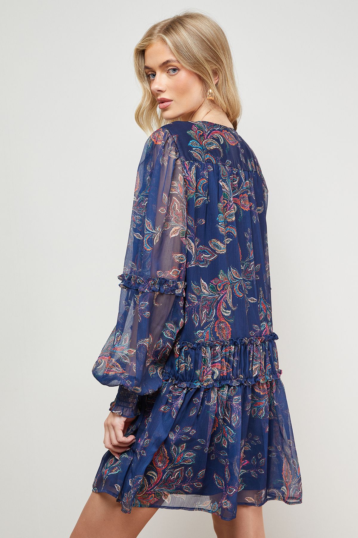 Oasis Printed Chiffon Shirred Front Tie Neck Mini Dress Navy image 4