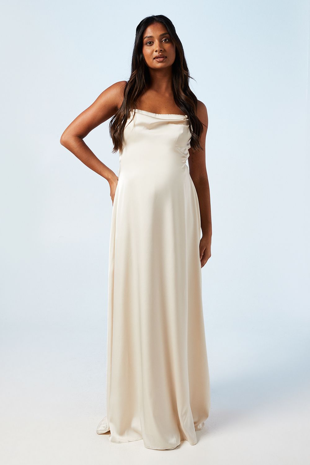 Coast Maternity Strappy Cowl Satin Bridesmaid Maxi Dress Champagne image 1