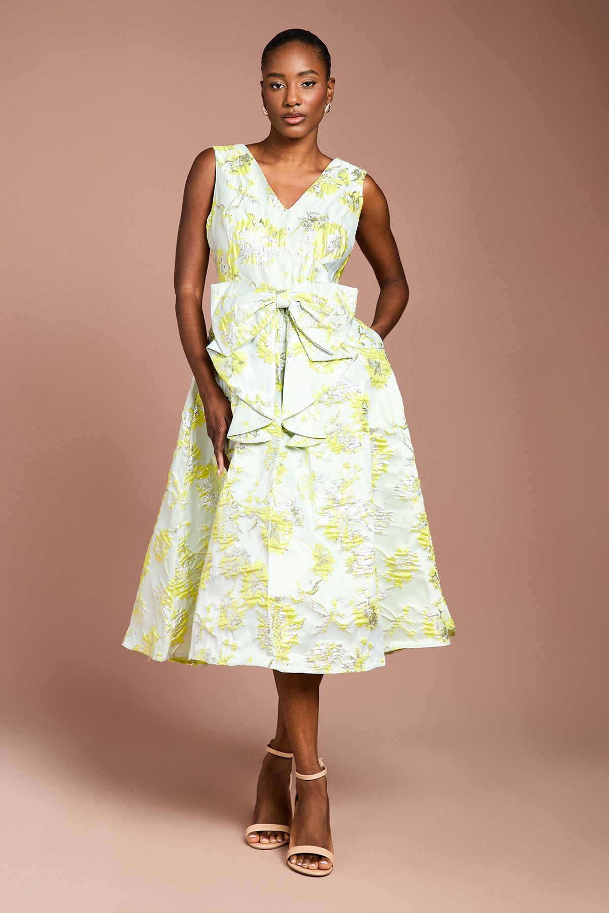 Coast Bow Front Jacquard Midi Dress Green