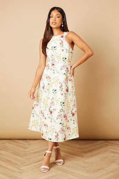 Oasis Petite Floral Ottoman Twill Halter Midi Dress Ivory