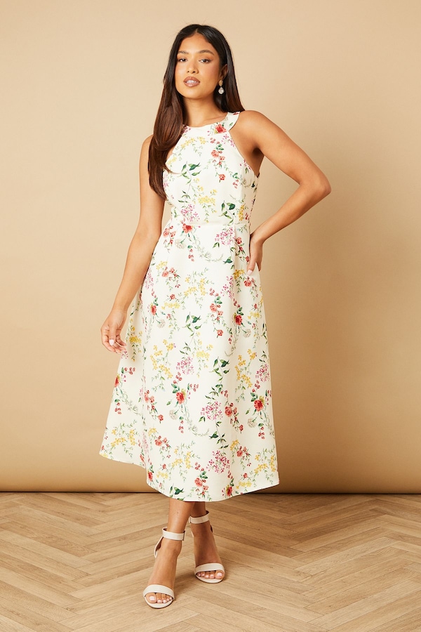 Oasis Petite Floral Ottoman Twill Halter Midi Dress Ivory